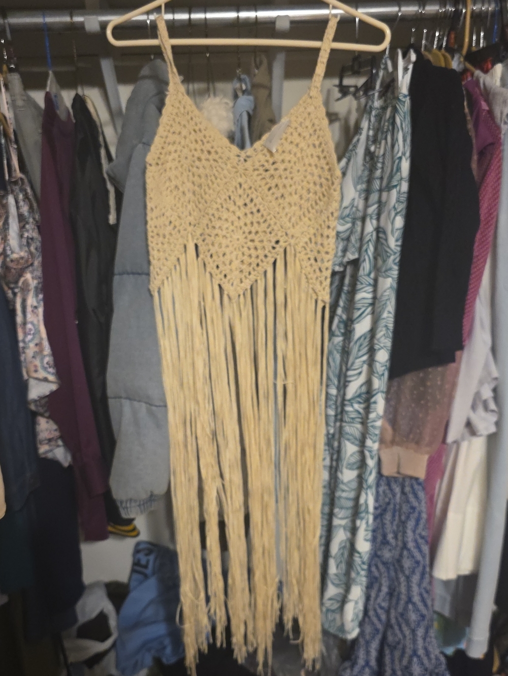 Line & Dot Crochet Fringe Tank Top in Cream